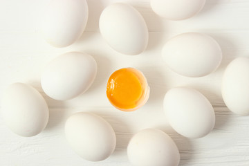 chicken eggs on the table. Farm products, natural eggs.
