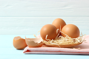 chicken eggs on the table. Farm products, natural eggs.