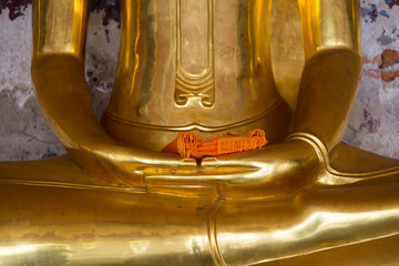 Fototapeta na wymiar Yellow Robe in Hand of image Buddha