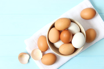 chicken eggs on a colored background. Farm products, natural eggs.