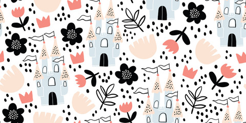 Childish seamless pattern with castle, flowers © tanya