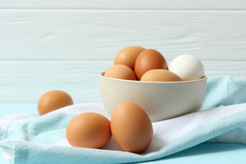 chicken eggs on the table. Farm products, natural eggs.