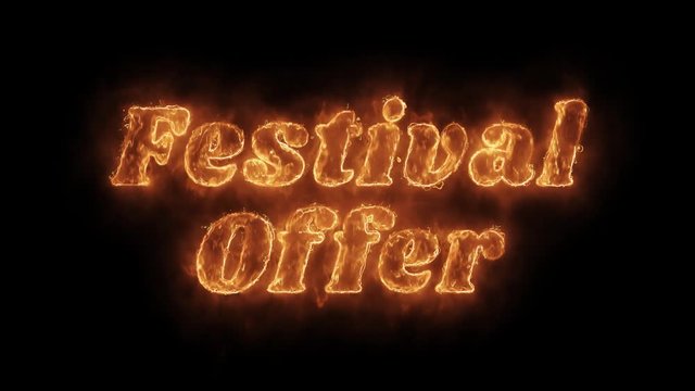 Festival Offer Word Hot Animated Burning Realistic Fire Flame and Smoke Seamlessly loop Animation on Isolated Black Background. Fire Word, Fire Text, Flame Text, Burning Word, Burning Text.