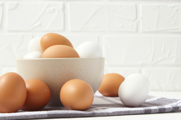 chicken eggs on the table. Farm products, natural eggs.