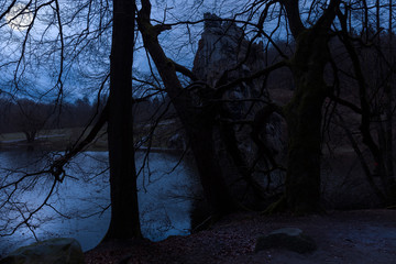 The historic sandstone rocks of the Externsteine in Germany at night. It is full moon and the light...