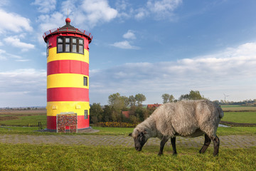 A sheep on a dike in front of the orange red lighthouse of Pilsum near the northern German city Norddeich. The sheep eats green grass. In the background a farmhouse.