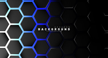 Abstract black hexagon pattern on blue neon background technology style. Honeycomb. Vector illustration