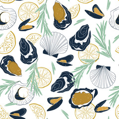 Vector seamless seafood pattern on white background. Hand drawn oysters, mussels, scallops, lemon slices and rosemary.
