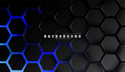 Abstract black hexagon pattern on blue neon background technology style. Honeycomb. Vector illustration