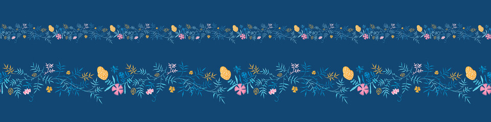 Fototapeta na wymiar Modern floral border with traditional herbal illustrations on bright cobalt background. Repeating leaves, petal thorns pattern. Soulful flora expression. Elegance seamless flowers ornament