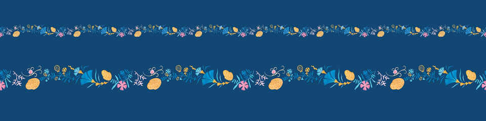 Fototapeta na wymiar Modern floral border with traditional herbal illustrations on bright cobalt background. Repeating leaves, petal thorns pattern. Soulful flora expression. Elegance seamless flowers ornament