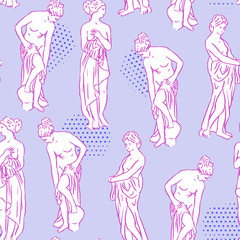 Vector vaporwave sculpture modern seamless pattern in memphis style. Hipster holographic illustration of goddess with halftone circles. Girlfriends hand drawn design.