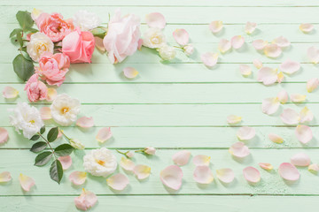 pink and white roses on green wooden background