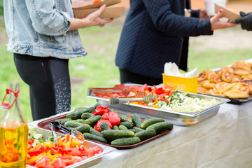 Picnic catering buffet food table, vegetarian dishes