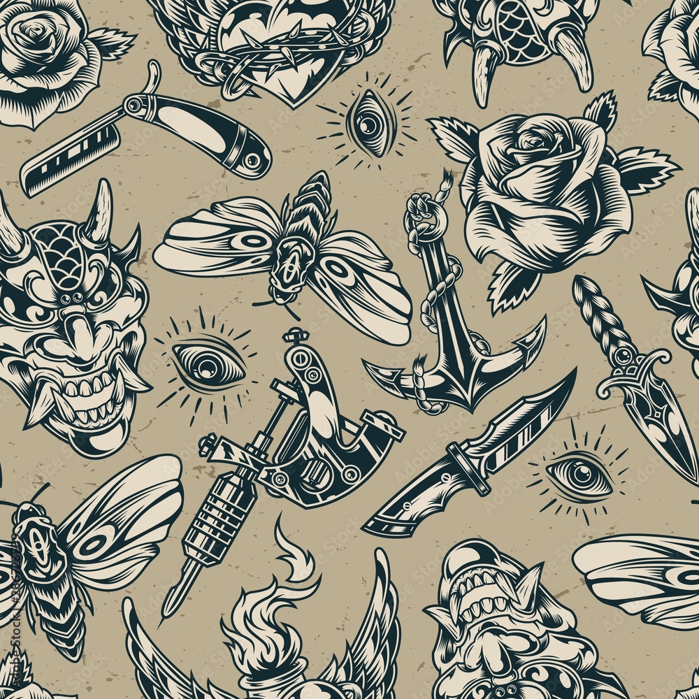 Wall mural Vintage flash tattoos monochrome seamless pattern