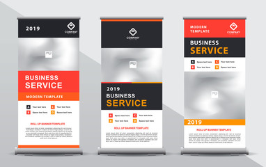 Set of thre orange roll up banner template. Modern abstract geometric design composition with portrait presentation.
