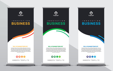 Set of three roll up banner template. Modern abstract color wave design composition with portrait presentation. Orange, green and blue color.