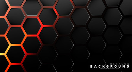 Abstract black hexagon pattern on neon gradient orange background technology style. Honeycomb. Vector illustration