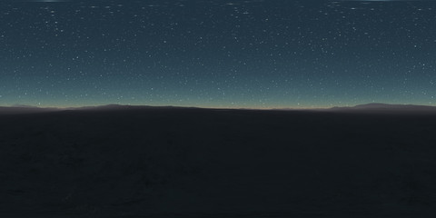 360 degree starry night sky texture, night desert landscape. Equirectangular projection, environment map, HDRI spherical panorama.