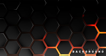 Abstract black hexagon pattern on neon gradient orange background technology style. Honeycomb. Vector illustration