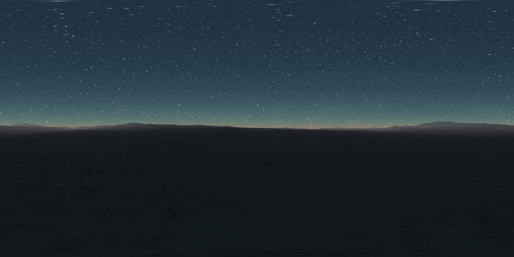 360 degree starry night sky texture, night desert landscape. Equirectangular projection, environment map, HDRI spherical panorama.