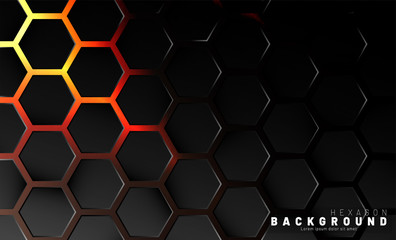 Abstract black hexagon pattern on neon gradient orange background technology style. Honeycomb. Vector illustration
