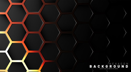 Abstract black hexagon pattern on neon gradient orange background technology style. Honeycomb. Vector illustration