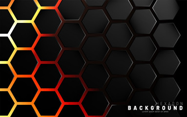 Abstract black hexagon pattern on neon gradient orange background technology style. Honeycomb. Vector illustration