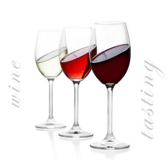Red, rose and white wine in glass, isolated