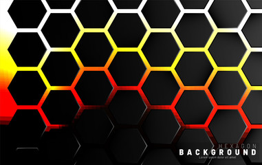 Abstract black hexagon pattern on neon gradient orange background technology style. Honeycomb. Vector illustration