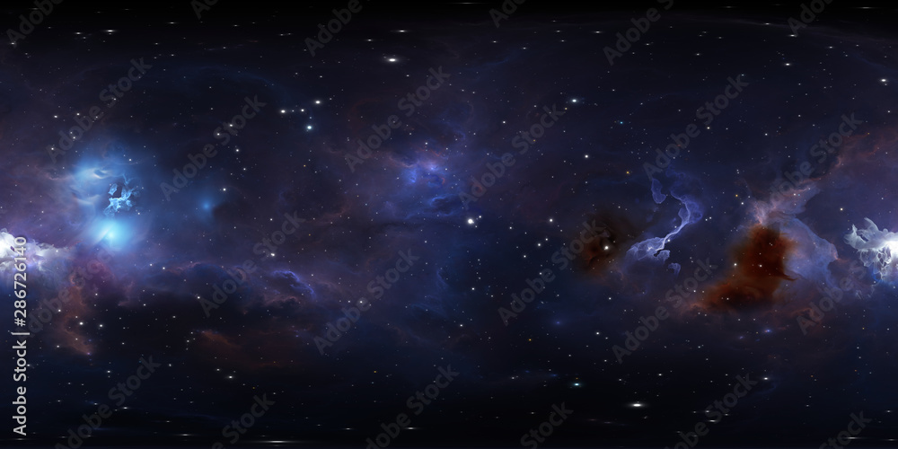 Wall mural 360 degree space background with glowing huge nebula with young stars, equirectangular projection, e