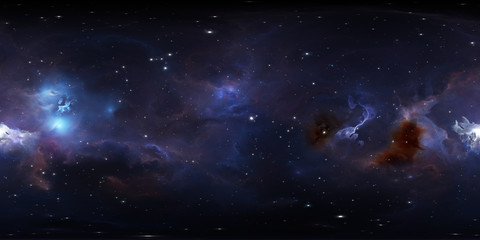 360 degree space background with glowing huge nebula with young stars, equirectangular projection, environment map. HDRI spherical panorama.
