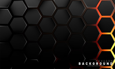 Abstract black hexagon pattern on neon gradient orange background technology style. Honeycomb. Vector illustration