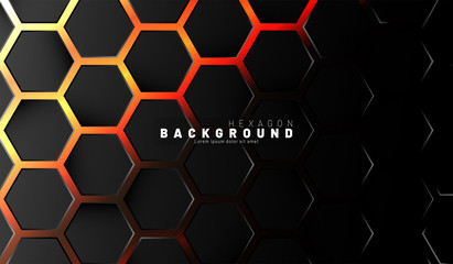 Abstract black hexagon pattern on neon gradient orange background technology style. Honeycomb. Vector illustration