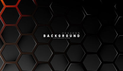 Abstract black hexagon pattern on neon gradient orange background technology style. Honeycomb. Vector illustration