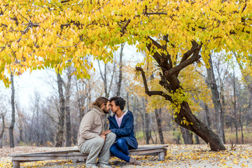 Fototapeta premium guy with an african american girl in love in autumn park walk at sunset