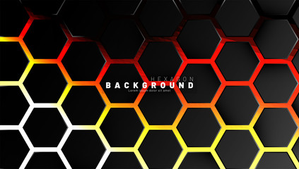 Abstract black hexagon pattern on neon gradient orange background technology style. Honeycomb. Vector illustration