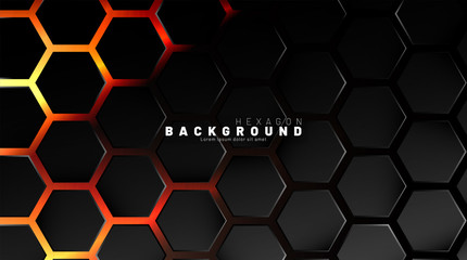 Abstract black hexagon pattern on neon gradient orange background technology style. Honeycomb. Vector illustration