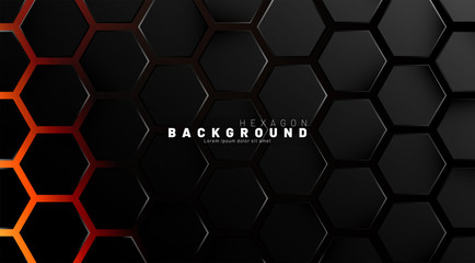 Abstract black hexagon pattern on neon gradient orange background technology style. Honeycomb. Vector illustration