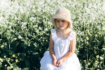 Close up portrait of little cheerful girl in flower summer field. Childhood, nature concept