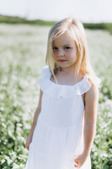 Close up portrait of little cheerful girl in flower summer field. Childhood, nature concept