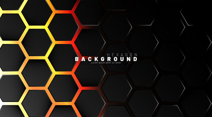 Abstract black hexagon pattern on neon gradient orange background technology style. Honeycomb. Vector illustration