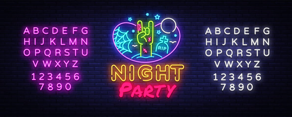 Halloween Party neon sign design template. Night Party neon poster, light banner design element colorful modern design trend, night bright advertising, bright sign. Vector. Editing text neon sign