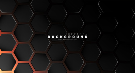 Abstract black hexagon pattern on neon gradient orange background technology style. Honeycomb. Vector illustration
