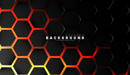 Abstract black hexagon pattern on neon gradient orange background technology style. Honeycomb. Vector illustration