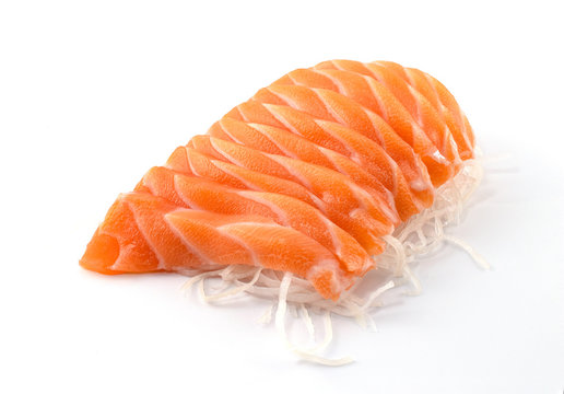 Salmon sashimi in Japanese style, Slices of raw salmon fillet isolated on white background.