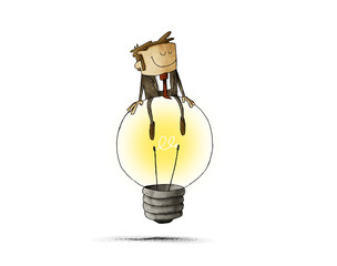 Cheerful man sitting on top of a big light bulb. idea and creativity concept. isolated - 286728315