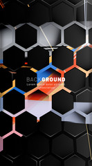Vertical hexagon background. Gradient color light pattern with dark background technology style. Honeycomb. Vector illustration of light.