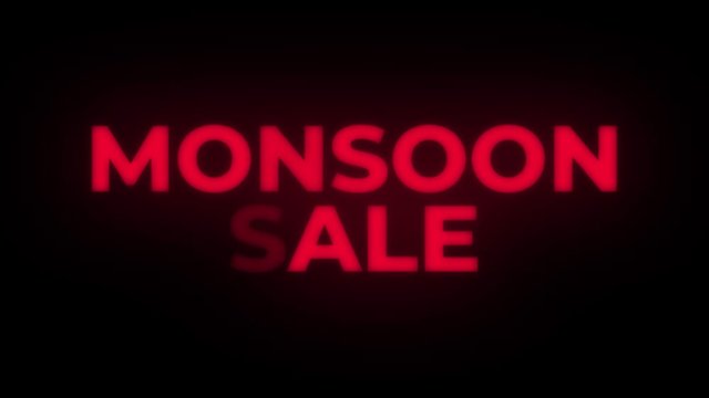 Monsoon Sale Text Blinking Flickering Neon Red Sign Promotional Loop Background. Sale, Discounts, Deals, Special Offers. Green Screen and Alpha Matte