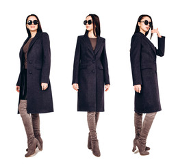 girl in a warm coat on a white background. model in outerwear in three angles. brunette woman in a winter coat. beautiful girl in a casual coat. spring autumn collection